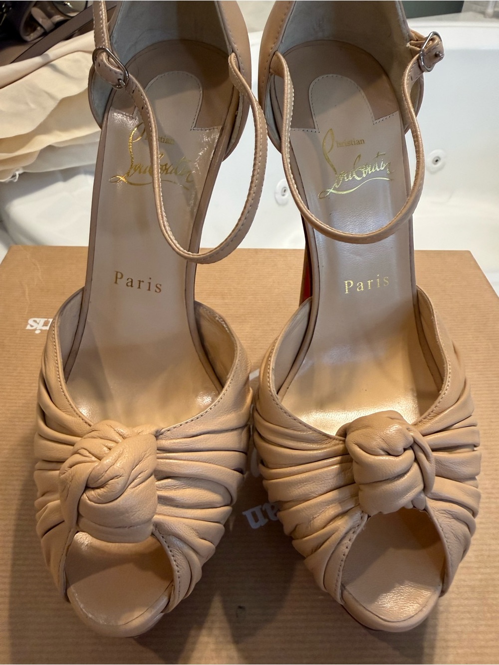 Christian Louboutin Nude Knot Peep-Toe Ankle Strap Heels